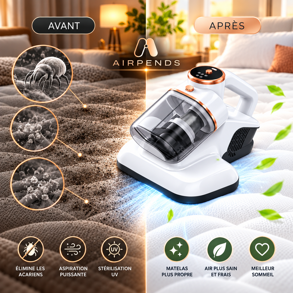 Airpends™ PureBed – Aspirateur de Matelas Sans Fil 10 000 Pa, UV-C & Filtre HEPA